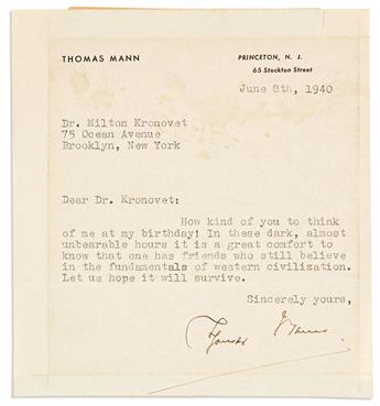 MANN, THOMAS. Typed Letter Signed, to Milton Kronovet, in English,